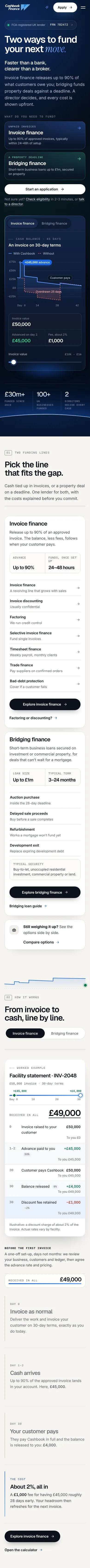 Cashbook Finance mobile homepage: the two funding lines, product comparison and the worked invoice example. Scroll for later sections.