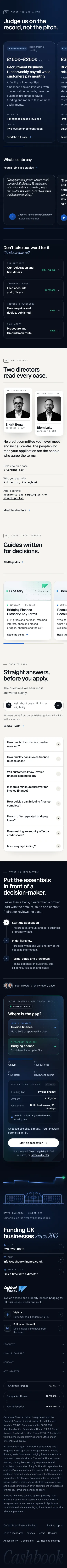 Cashbook Finance mobile homepage: client case studies, the two directors, guides, FAQs, the application and the footer.